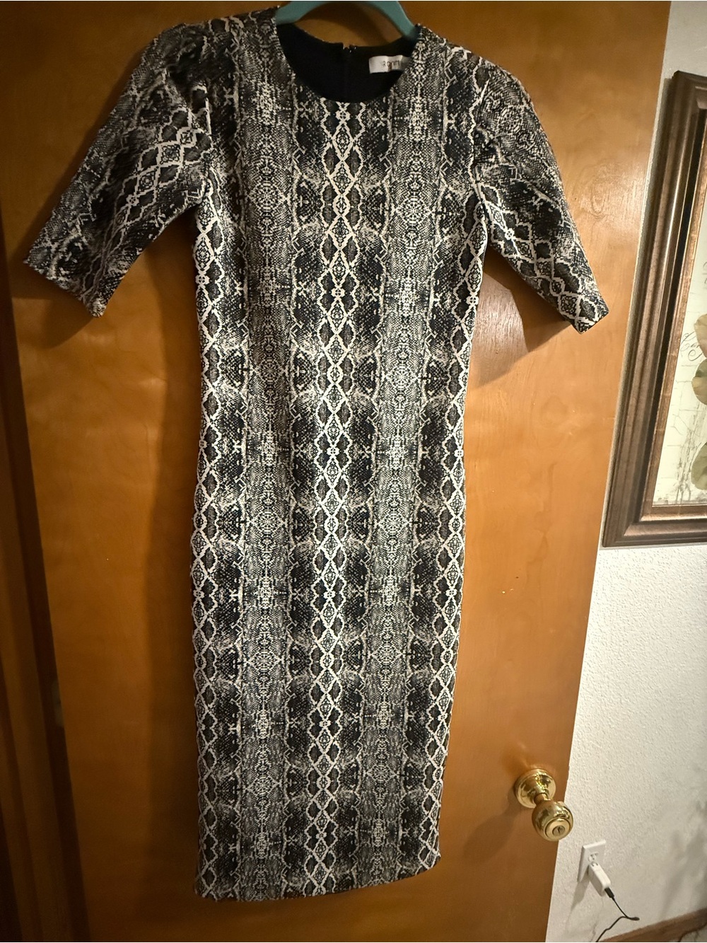 ROAM Black and White Snake-Print Midi Dress